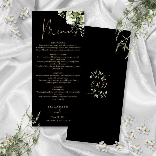 Black And Gold Greenery Monogram Wedding Dinner Menu (Black And Gold Greenery Monogram Wedding Dinner Menu)