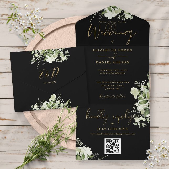 Black And Gold Greenery QR Code Monogram Wedding All In One Invitation (Creator Uploaded)