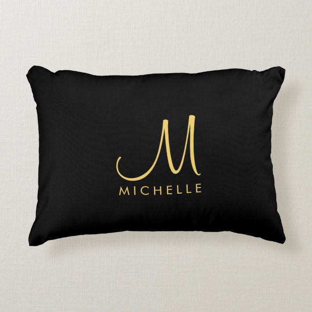 Black And Gold Handwritten Monogram Name Template Accent Pillow (Front)