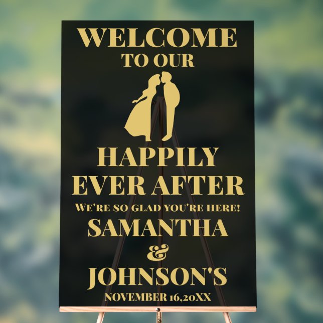 Black and Gold Happily Ever After Wedding Welcome Acrylic Sign (Neutral)