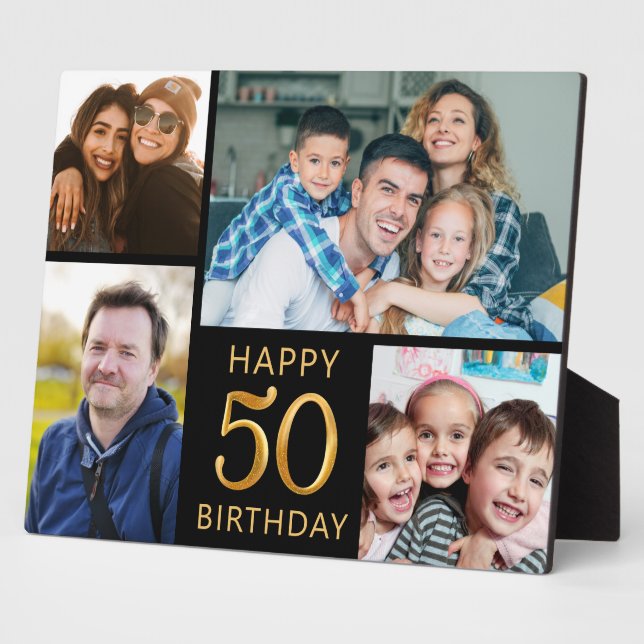 Black And Gold Happy 50th Birthday 4 Photo Collage Plaque (Side)