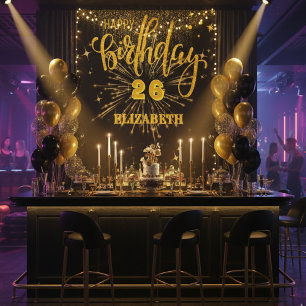 Black and Gold Happy Birthday Backdrop Banner  Tapestry