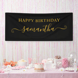 Black and Gold Happy Birthday Cute Signature Name Banner