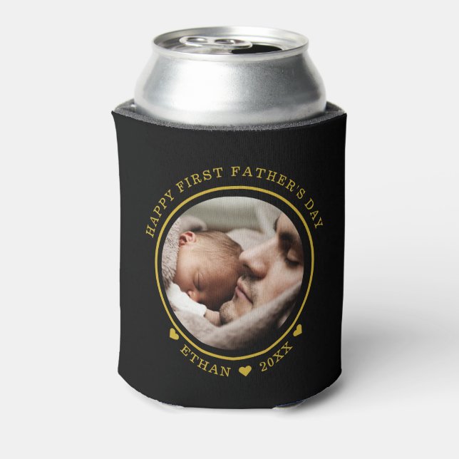 Black And Gold Happy First Father's Day Photo  Can Cooler (Can Back)