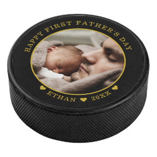 Black And Gold Happy First Father's Day Photo Hockey Puck