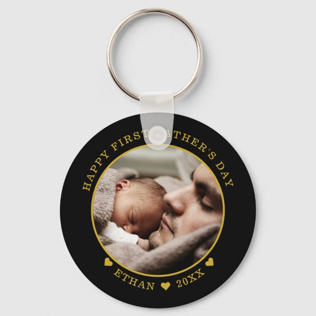 Black And Gold Happy First Father's Day Photo   Keychain (Front)