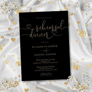 Black And Gold Heart Script Rehearsal Dinner Invitation