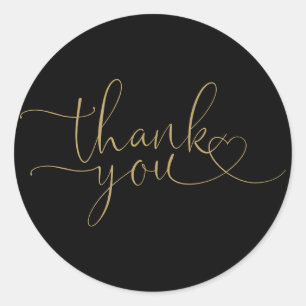 Black And Gold Heart Script Thank You Classic Round Sticker