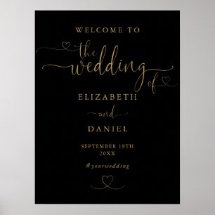 Black And Gold Heart Script Wedding Welcome Sign