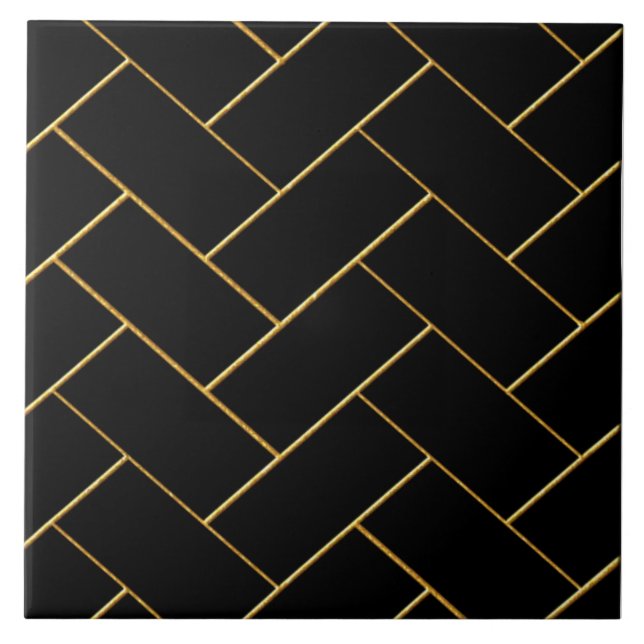 Black and Gold Herringbone Design Ceramic Tile. Tile (Front)