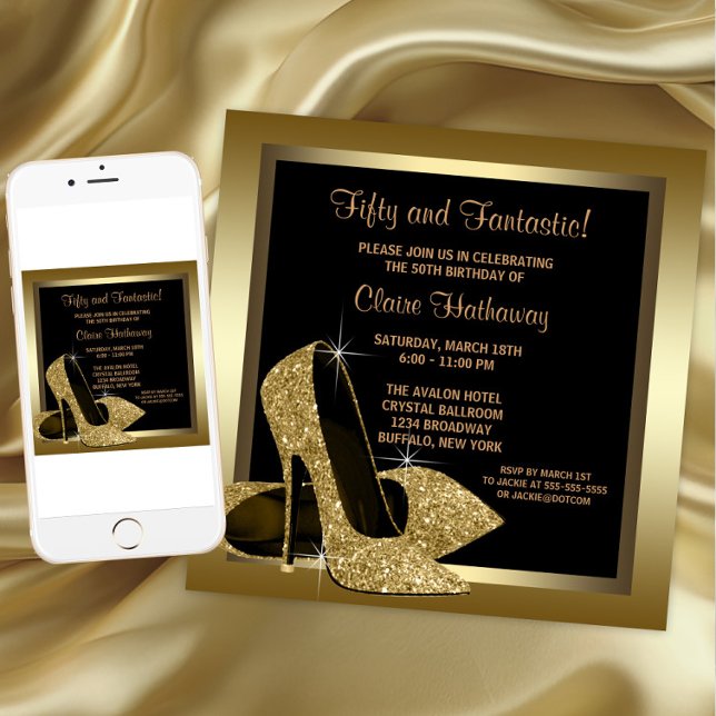 Black and Gold High Heels Womans 50th Birthday Invitation (Black Gold High Heels Any Number Birthday Invitation. Download and printed invitations available.)