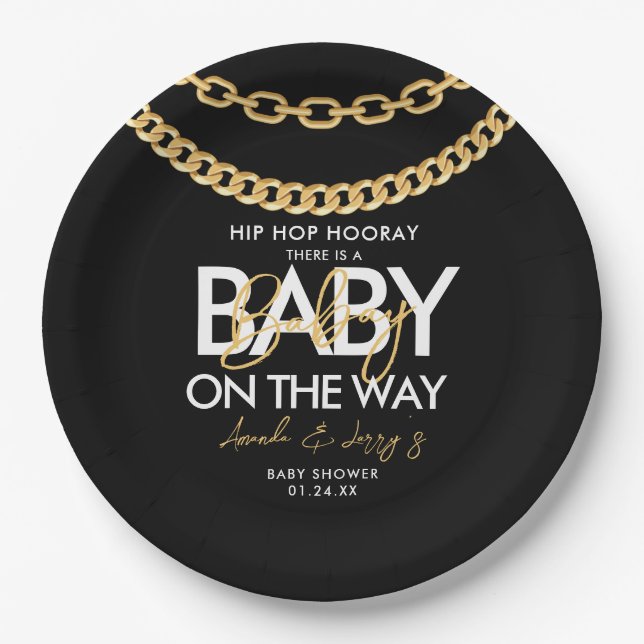 Black and Gold Hip Hop Baby Shower Paper Plate (Front)