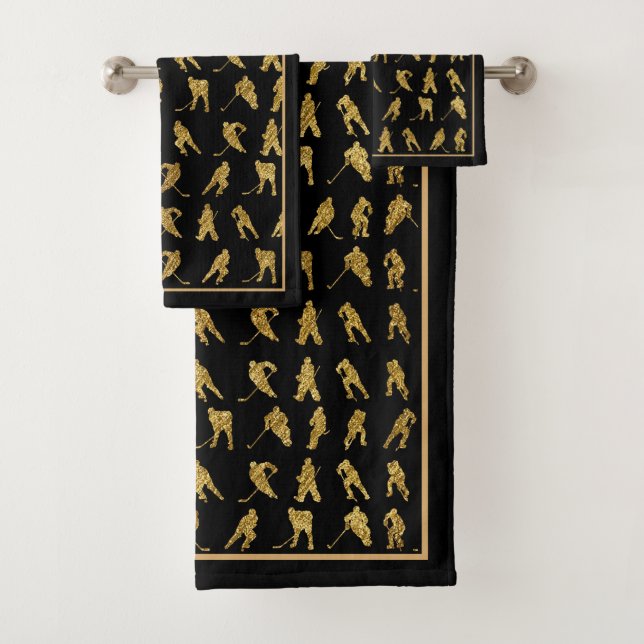 Black And Gold Hockey Theme Bath Towel Set (Insitu)