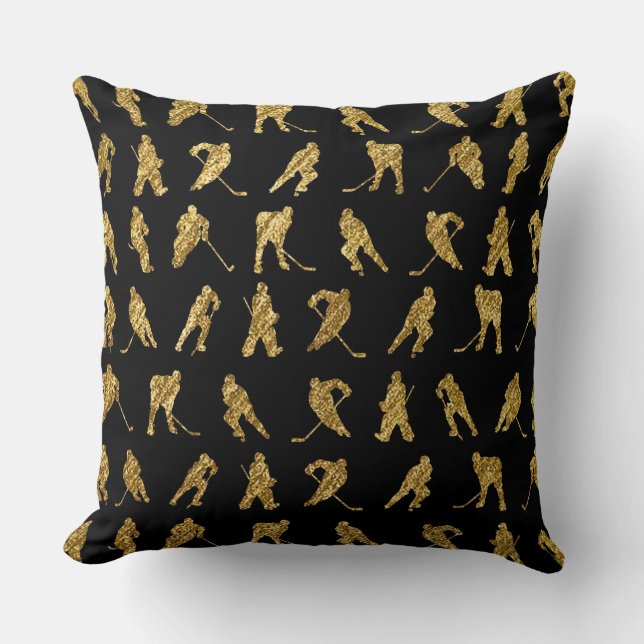Black And Gold Hockey Theme Throw Pillow (Front)