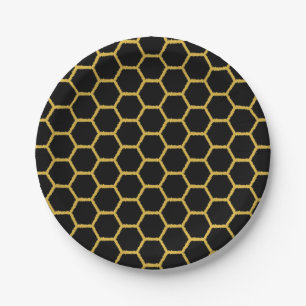 Black and Gold Honeycombs Paper Plate