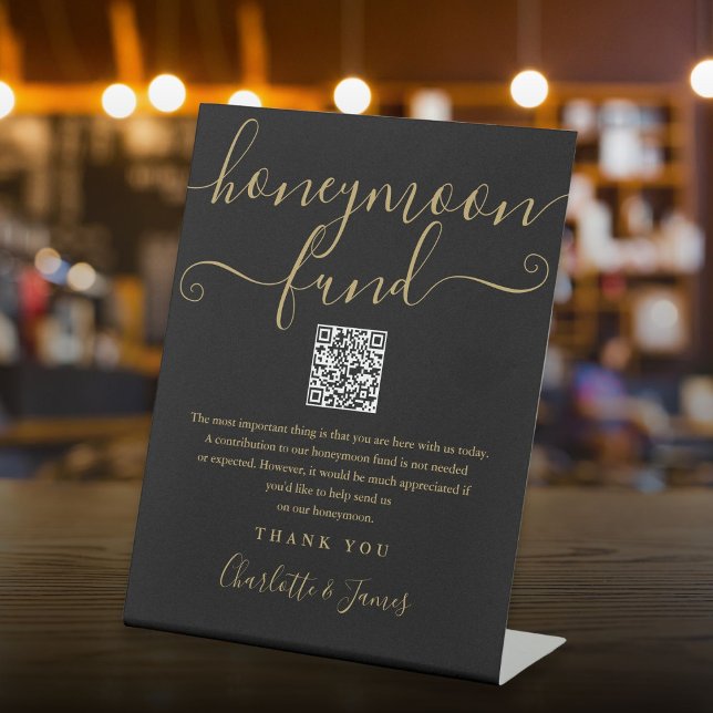 Black and Gold Honeymoon Fund QR Code Pedestal Sign (Black and Gold Honeymoon Fund QR Code Pedestal Sign)
