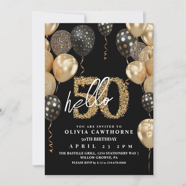  Black and gold Hot Air Balloon 50th Birthday  Invitation (Front)