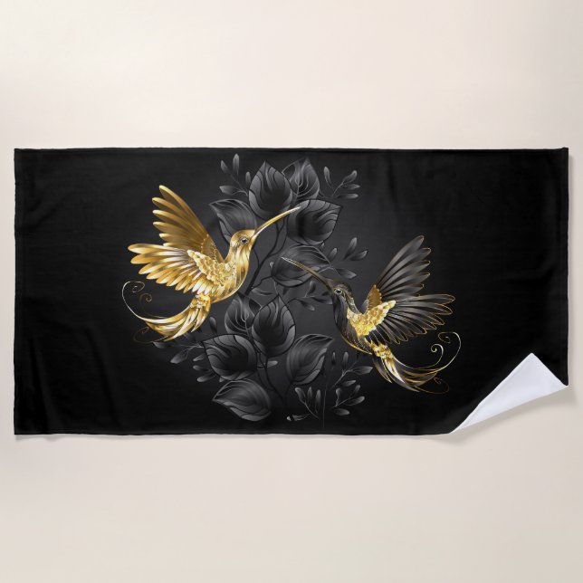 Black and Gold Hummingbird Beach Towel (Front)