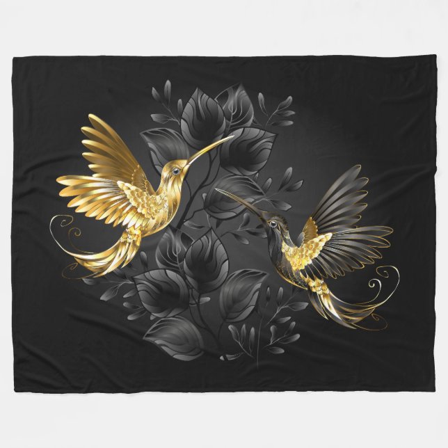 Black and Gold Hummingbird Fleece Blanket (Front (Horizontal))