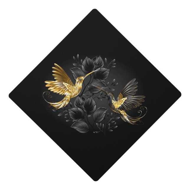 Black and Gold Hummingbird Graduation Cap Topper (Front)