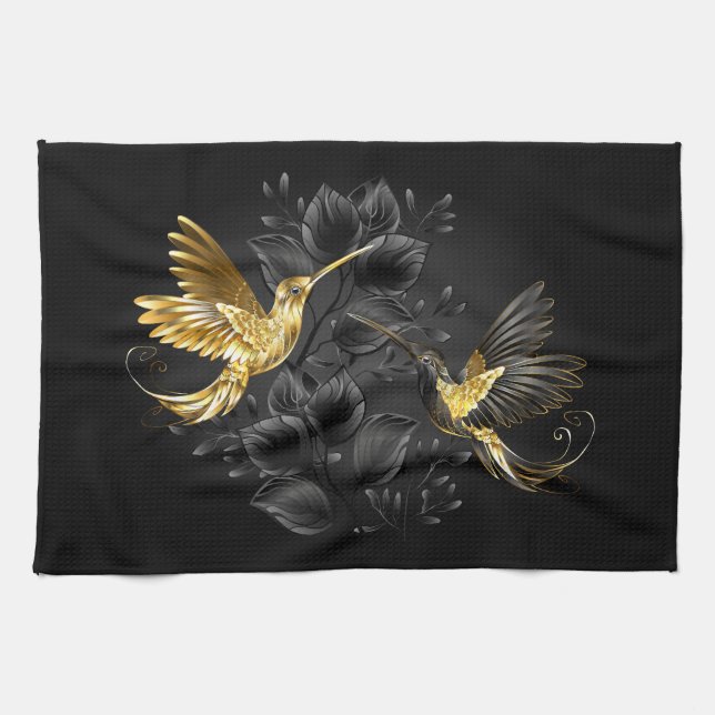 Black and Gold Hummingbird Kitchen Towel (Horizontal)