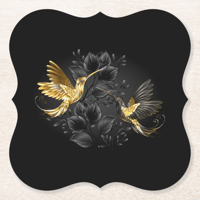 Black and Gold Hummingbird Paper Coaster (Front)