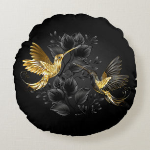Black and Gold Hummingbird Round Pillow