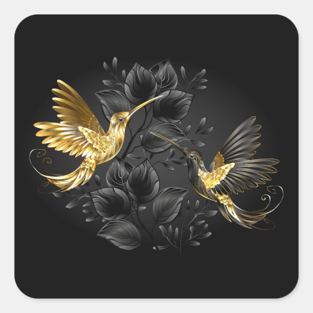 Black and Gold Hummingbird Square Sticker (Front)