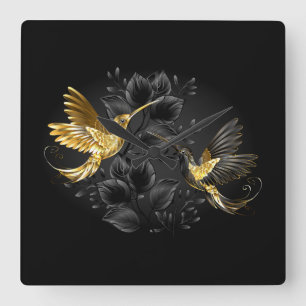 Black and Gold Hummingbird Square Wall Clock