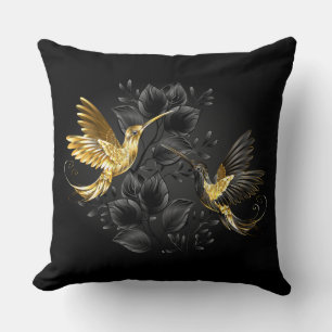 Black and Gold Hummingbird Throw Pillow