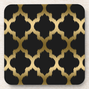 Black And Gold Ikat Quatrefoil Pattern Coaster
