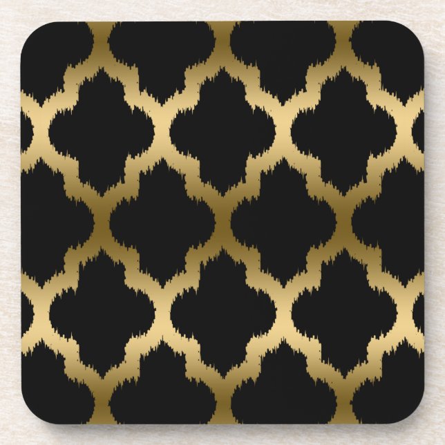Black And Gold Ikat Quatrefoil Pattern Coaster (Front)
