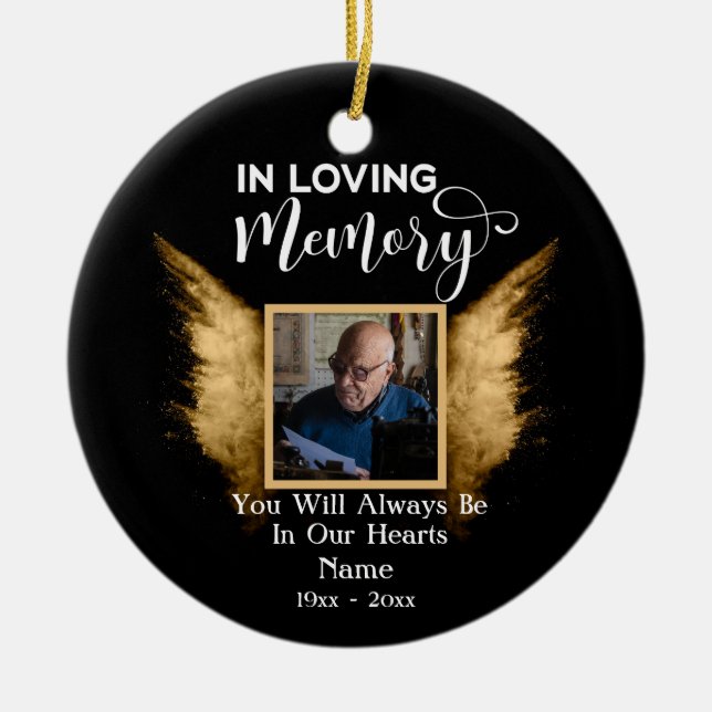 Black And Gold In Loving Memory Custom Photo Ceramic Ornament (Front)