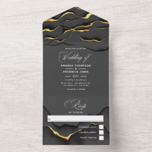 Black and Gold Ink Wedding All In One Invitation