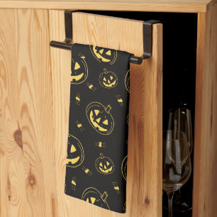 Black and Gold Jack-O' Lanterns Black Halloween Kitchen Towel