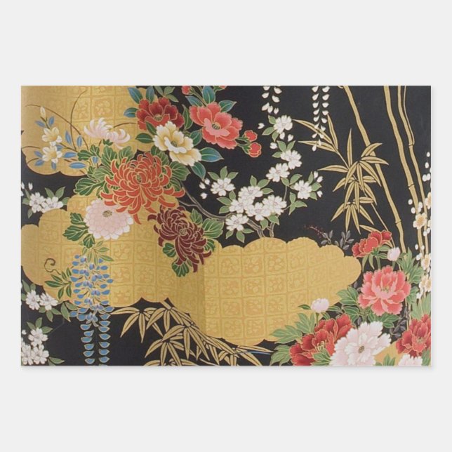 Black and Gold Japanese Kimono Floral Decoupage Wrapping Paper Sheet (Front)