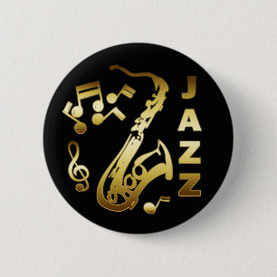 BLACK AND GOLD JAZZ 2 INCH ROUND BUTTON