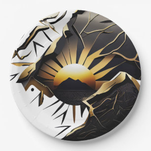 Black and Gold Kintsugi Style Sunrise Paper Plate