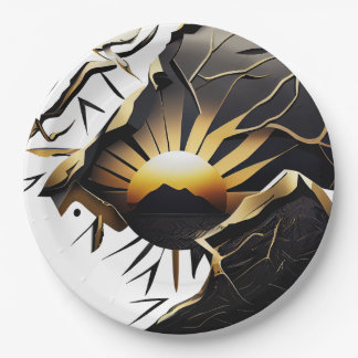 Black and Gold Kintsugi Style Sunrise Paper Plate