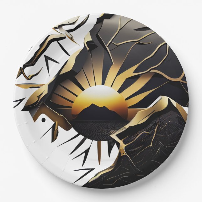 Black and Gold Kintsugi Style Sunrise Paper Plate (Front)