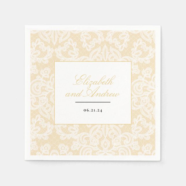 Black and Gold Lace Elegant Script Napkin (Front)