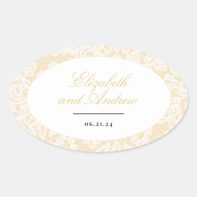 Black and Gold Lace Elegant Script Wedding Oval Sticker (Front)