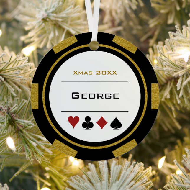 Black And Gold Las Vegas Poker Chip Christmas Metal Ornament (Insitu)