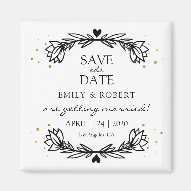 Black and Gold Laurel Save the Date Wedding Magnet (Front)