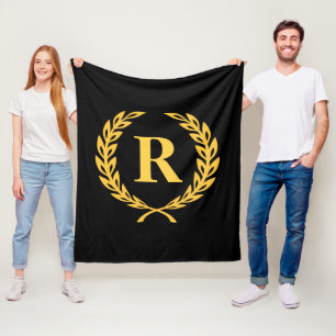Black and Gold Laurel Wreath Monogram Fleece Blanket