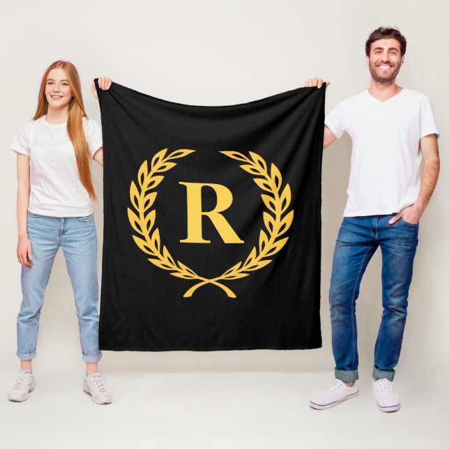 Black and Gold Laurel Wreath Monogram Fleece Blanket (In Situ)
