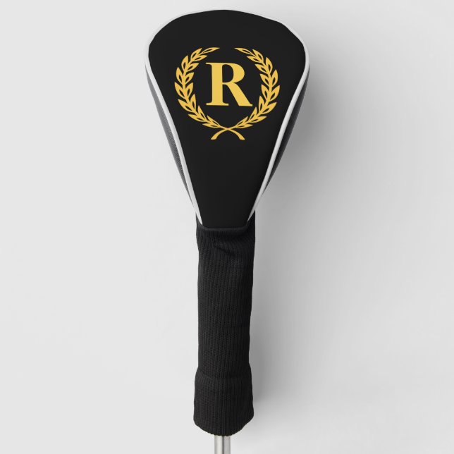 Black and Gold Laurel Wreath Monogram Golf Head Cover (Front)