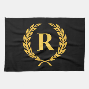 Black and Gold Laurel Wreath Monogram Kitchen Towel