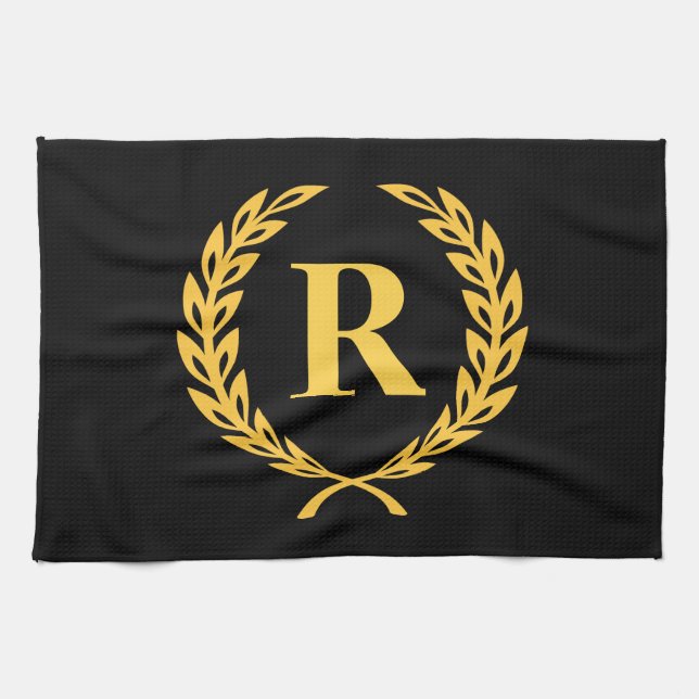 Black and Gold Laurel Wreath Monogram Kitchen Towel (Horizontal)