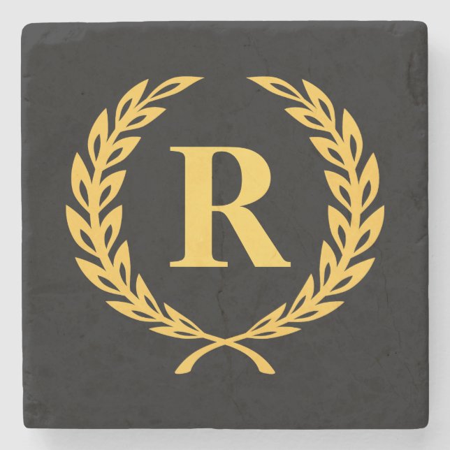 Black and Gold Laurel Wreath Monogram Stone Coaster (Front)